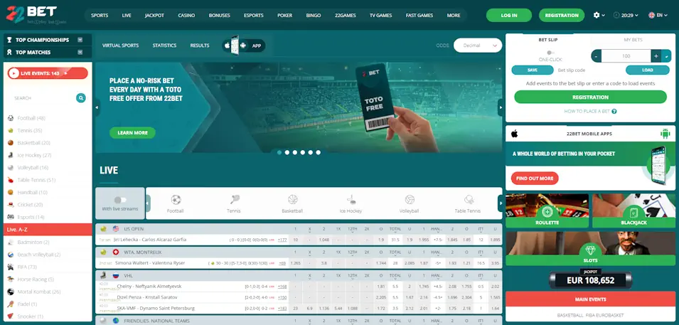 22bet Homepage Screenshot